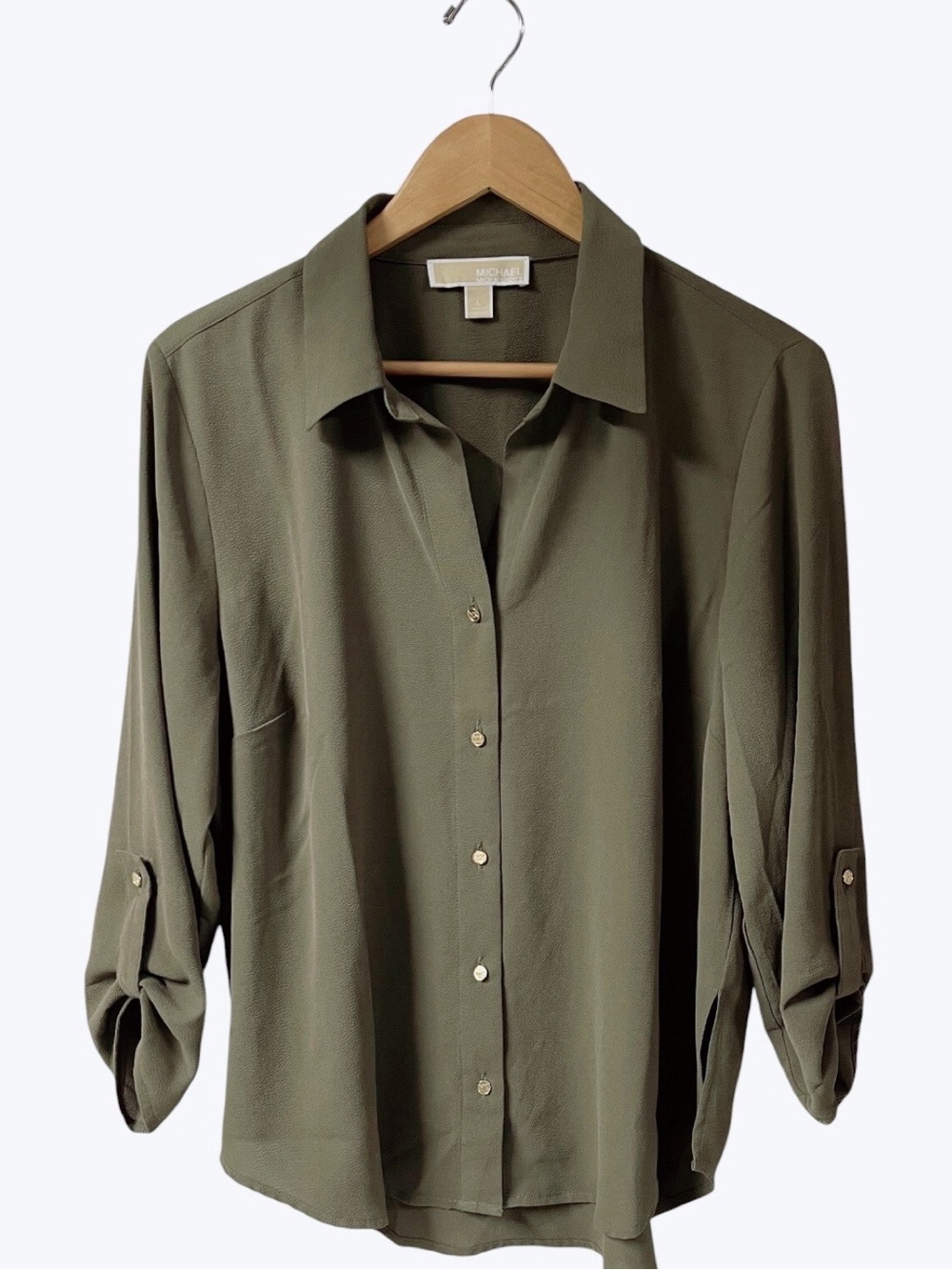 MICHAEL Michael Kors Olive Green Button Down 3/4 Length Sleeves Blouse - Picture 2 of 8